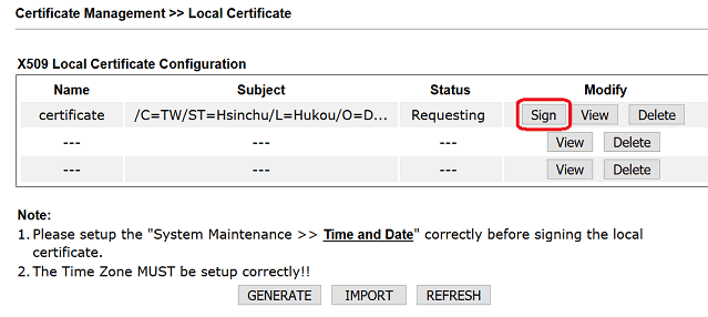 a screenshot of self-signing certificate on DrayOS