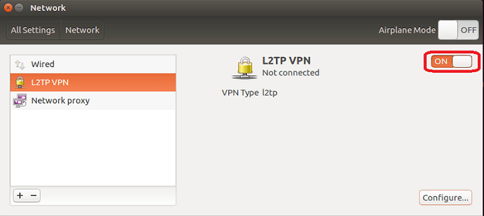 a screenshot of Ubuntu switch on the VPN connection 