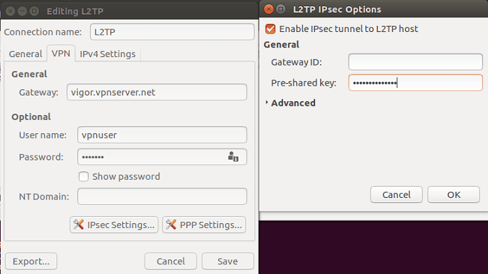 a screenshot of Ubuntu L2TP settings