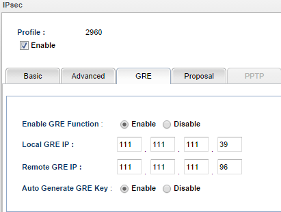 a screenshot of GRE Settings on Vigor3900