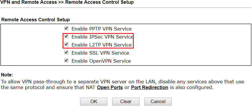 a screenshot of DrayOS VPN Remote Access Control page