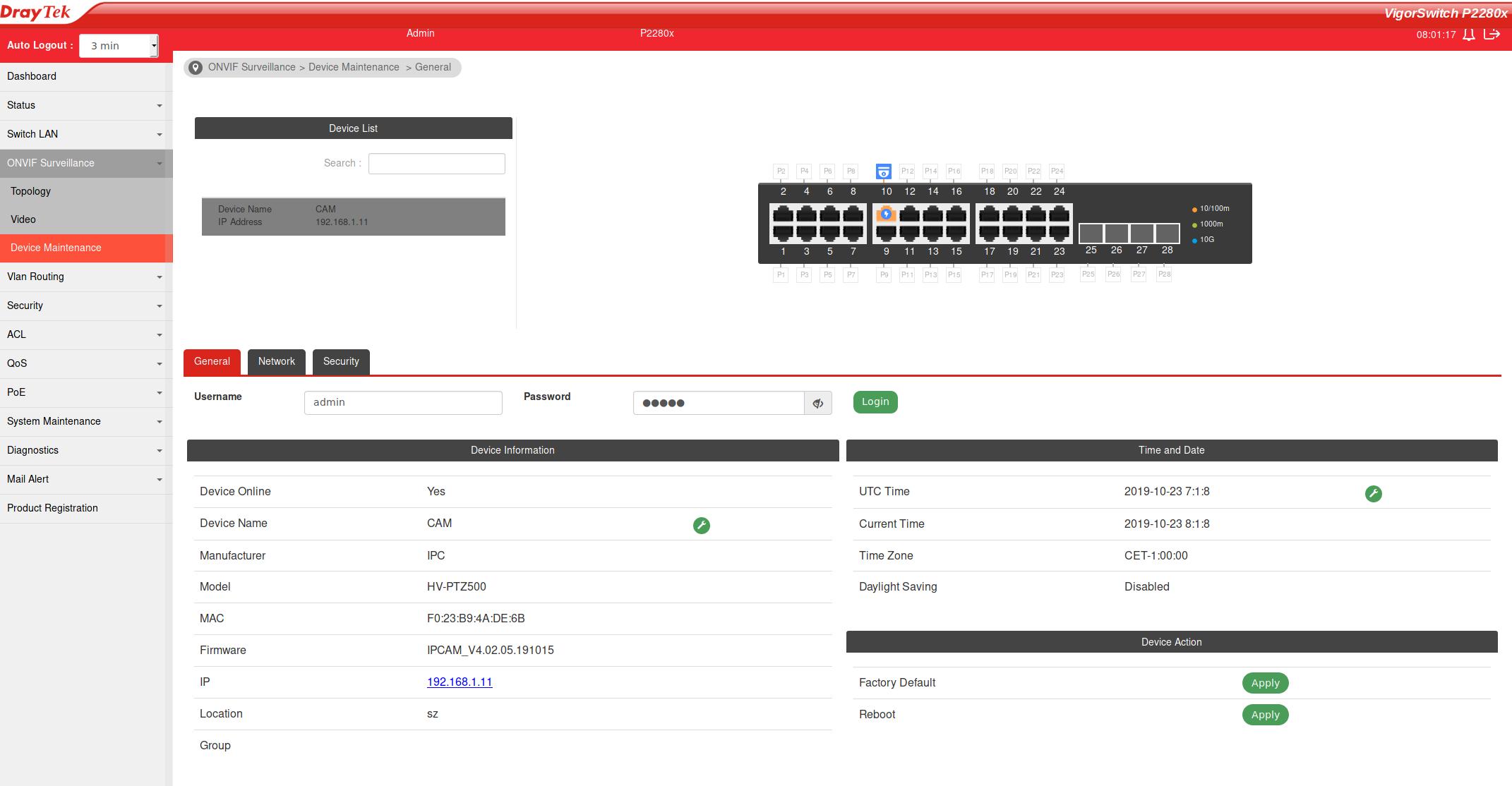 a screenshot of VigorSwitch ONVIF Device Maintenance page 