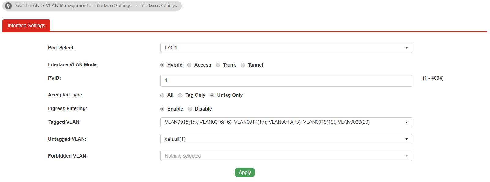 another screenshot of VigorSwtich Interface settings