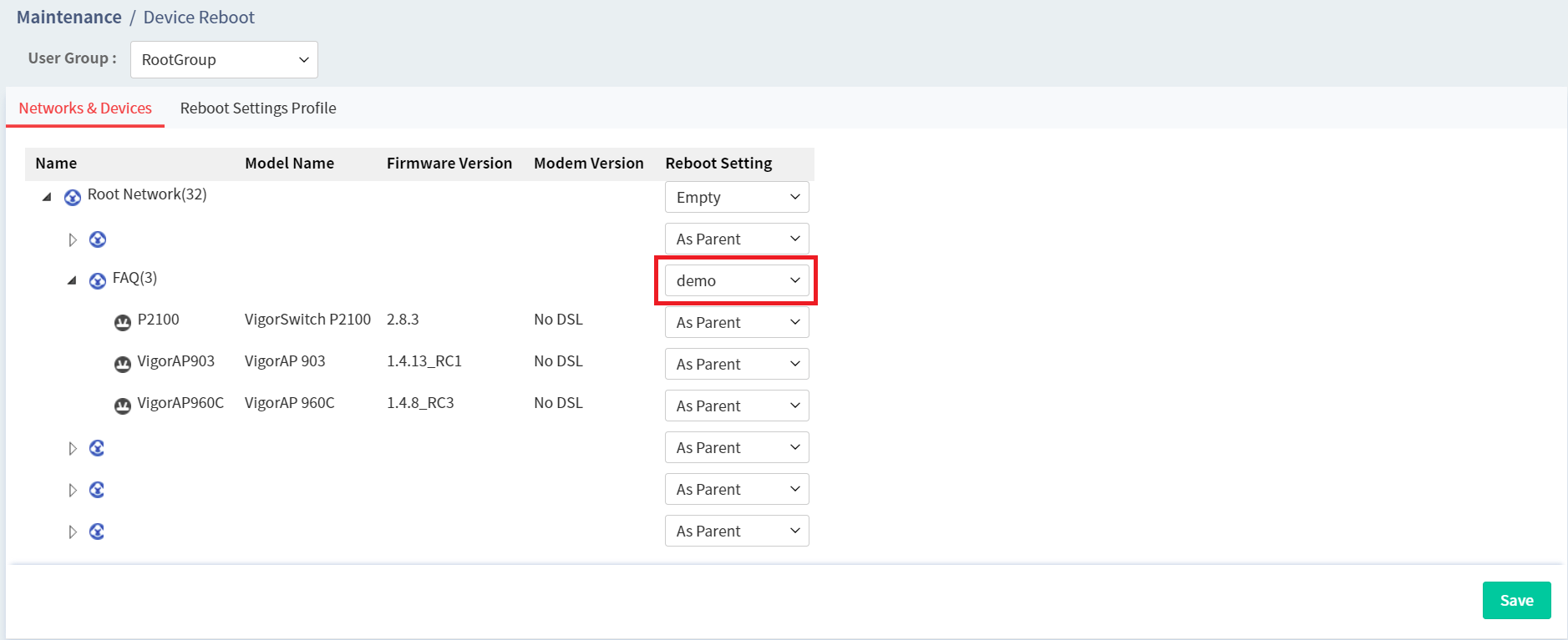 a screenshot of applying schedule reboot to group or device